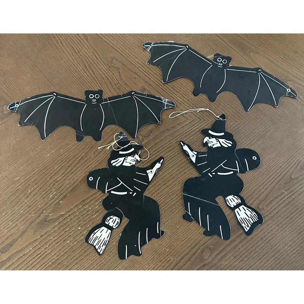 Vtg Japan Halloween Die Cut Decorations Set of 4 Black White Bats Witches Paper